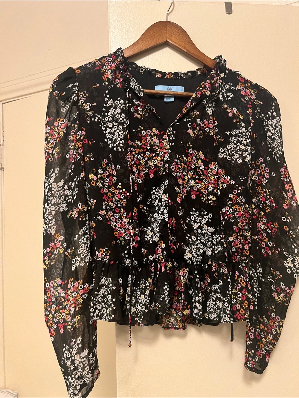 CeCe Black Floral Tie-Front Ruffle Blouse